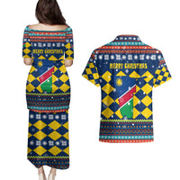 Namibia Christmas Couples Matching Puletasi and Hawaiian Shirt with Blue-Yellow Diamond Pattern, Coat of Arms, and Flag Map Motif - Wonder Print Shop