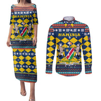 Namibia Christmas Couples Matching Puletasi and Long Sleeve Button Shirt with Blue-Yellow Diamond Pattern, Coat of Arms, and Flag Map Motif - Wonder Print Shop