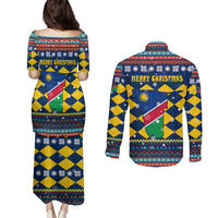 Namibia Christmas Couples Matching Puletasi and Long Sleeve Button Shirt with Blue-Yellow Diamond Pattern, Coat of Arms, and Flag Map Motif - Wonder Print Shop