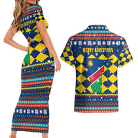 Namibia Christmas Couples Matching Short Sleeve Bodycon Dress and Hawaiian Shirt with Blue-Yellow Diamond Pattern, Coat of Arms, and Flag Map Motif - Wonder Print Shop