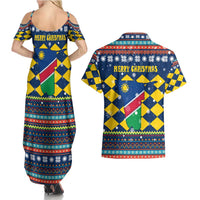 Namibia Christmas Couples Matching Summer Maxi Dress and Hawaiian Shirt with Blue-Yellow Diamond Pattern, Coat of Arms, and Flag Map Motif - Wonder Print Shop