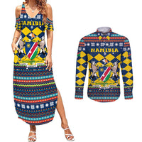 Namibia Christmas Couples Matching Summer Maxi Dress and Long Sleeve Button Shirt with Blue-Yellow Diamond Pattern, Coat of Arms, and Flag Map Motif - Wonder Print Shop