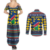 Namibia Christmas Couples Matching Summer Maxi Dress and Long Sleeve Button Shirt with Blue-Yellow Diamond Pattern, Coat of Arms, and Flag Map Motif - Wonder Print Shop