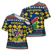 Namibia Christmas Cross Shoulder Shirt with Blue-Yellow Diamond Pattern, Coat of Arms, and Flag Map Motif - Wonder Print Shop