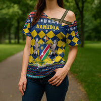 Namibia Christmas Cross Shoulder Shirt with Blue-Yellow Diamond Pattern, Coat of Arms, and Flag Map Motif - Wonder Print Shop