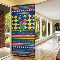 Namibia Christmas Door Cover with Blue-Yellow Diamond Pattern, Coat of Arms, and Flag Map Motif - Wonder Print Shop
