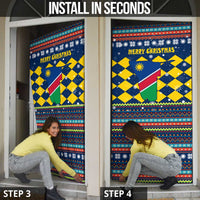 Namibia Christmas Door Cover with Blue-Yellow Diamond Pattern, Coat of Arms, and Flag Map Motif - Wonder Print Shop