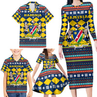 Namibia Christmas Family Matching Long Sleeve Bodycon Dress and Hawaiian Shirt with Blue-Yellow Diamond Pattern, Coat of Arms, and Flag Map Motif - Wonder Print Shop