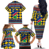 Namibia Christmas Family Matching Off The Shoulder Long Sleeve Dress and Hawaiian Shirt with Blue-Yellow Diamond Pattern, Coat of Arms, and Flag Map Motif - Wonder Print Shop