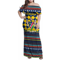 Namibia Christmas Family Matching Off Shoulder Maxi Dress and Hawaiian Shirt with Blue-Yellow Diamond Pattern, Coat of Arms, and Flag Map Motif - Wonder Print Shop