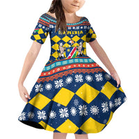 Namibia Christmas Family Matching Off Shoulder Short Dress and Hawaiian Shirt with Blue-Yellow Diamond Pattern, Coat of Arms, and Flag Map Motif - Wonder Print Shop