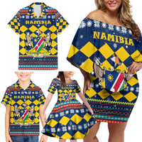 Namibia Christmas Family Matching Off Shoulder Short Dress and Hawaiian Shirt with Blue-Yellow Diamond Pattern, Coat of Arms, and Flag Map Motif - Wonder Print Shop