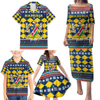 Namibia Christmas Family Matching Puletasi and Hawaiian Shirt with Blue-Yellow Diamond Pattern, Coat of Arms, and Flag Map Motif - Wonder Print Shop