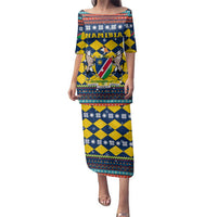 Namibia Christmas Family Matching Puletasi and Hawaiian Shirt with Blue-Yellow Diamond Pattern, Coat of Arms, and Flag Map Motif - Wonder Print Shop