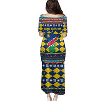Namibia Christmas Family Matching Puletasi and Hawaiian Shirt with Blue-Yellow Diamond Pattern, Coat of Arms, and Flag Map Motif - Wonder Print Shop