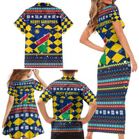Namibia Christmas Family Matching Short Sleeve Bodycon Dress and Hawaiian Shirt with Blue-Yellow Diamond Pattern, Coat of Arms, and Flag Map Motif - Wonder Print Shop