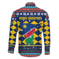 Namibia Christmas Family Matching Short Sleeve Bodycon Dress and Hawaiian Shirt with Blue-Yellow Diamond Pattern, Coat of Arms, and Flag Map Motif - Wonder Print Shop