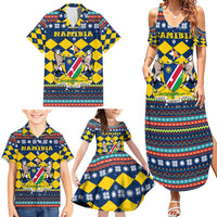 Namibia Christmas Family Matching Summer Maxi Dress and Hawaiian Shirt with Blue-Yellow Diamond Pattern, Coat of Arms, and Flag Map Motif - Wonder Print Shop