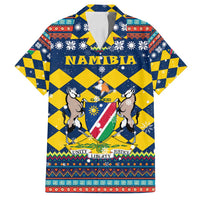 Namibia Christmas Family Matching Summer Maxi Dress and Hawaiian Shirt with Blue-Yellow Diamond Pattern, Coat of Arms, and Flag Map Motif - Wonder Print Shop