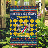Namibia Christmas Garden Flag with Blue-Yellow Diamond Pattern, Coat of Arms, and Flag Map Motif - Wonder Print Shop