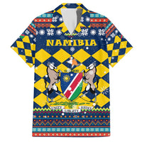 Namibia Christmas Hawaiian Shirt with Blue-Yellow Diamond Pattern, Coat of Arms, and Flag Map Motif - Wonder Print Shop