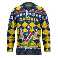 Namibia Christmas Hockey Jersey with Blue-Yellow Diamond Pattern, Coat of Arms, and Flag Map Motif - Wonder Print Shop