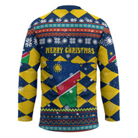 Namibia Christmas Hockey Jersey with Blue-Yellow Diamond Pattern, Coat of Arms, and Flag Map Motif - Wonder Print Shop