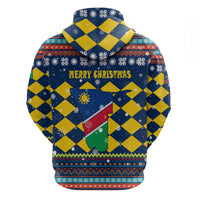 Namibia Christmas Hoodie with Blue-Yellow Diamond Pattern, Coat of Arms, and Flag Map Motif - Wonder Print Shop