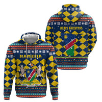 Namibia Christmas Hoodie with Blue-Yellow Diamond Pattern, Coat of Arms, and Flag Map Motif - Wonder Print Shop