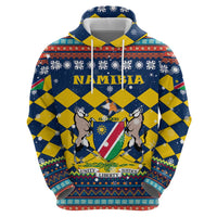 Namibia Christmas Hoodie with Blue-Yellow Diamond Pattern, Coat of Arms, and Flag Map Motif - Wonder Print Shop