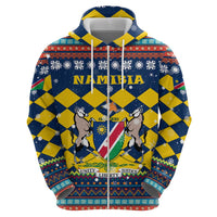 Namibia Christmas Hoodie with Blue-Yellow Diamond Pattern, Coat of Arms, and Flag Map Motif - Wonder Print Shop