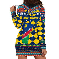 Namibia Christmas Hoodie Dress with Blue-Yellow Diamond Pattern, Coat of Arms, and Flag Map Motif - Wonder Print Shop