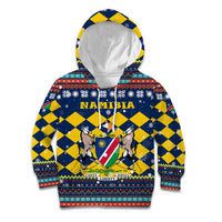 Namibia Christmas Kid Hoodie with Blue-Yellow Diamond Pattern, Coat of Arms, and Flag Map Motif - Wonder Print Shop