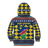 Namibia Christmas Kid Hoodie with Blue-Yellow Diamond Pattern, Coat of Arms, and Flag Map Motif - Wonder Print Shop