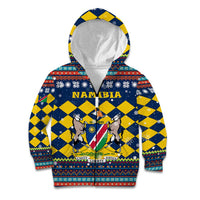 Namibia Christmas Kid Hoodie with Blue-Yellow Diamond Pattern, Coat of Arms, and Flag Map Motif - Wonder Print Shop