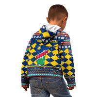 Namibia Christmas Kid Hoodie with Blue-Yellow Diamond Pattern, Coat of Arms, and Flag Map Motif - Wonder Print Shop
