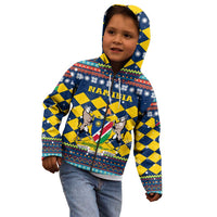 Namibia Christmas Kid Hoodie with Blue-Yellow Diamond Pattern, Coat of Arms, and Flag Map Motif - Wonder Print Shop
