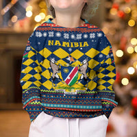 Namibia Christmas Kid Ugly Christmas Sweater with Blue-Yellow Diamond Pattern, Coat of Arms, and Flag Map Motif - Wonder Print Shop