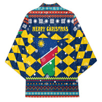 Namibia Christmas Kimono with Blue-Yellow Diamond Pattern, Coat of Arms, and Flag Map Motif - Wonder Print Shop