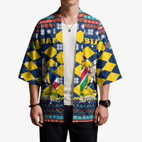 Namibia Christmas Kimono with Blue-Yellow Diamond Pattern, Coat of Arms, and Flag Map Motif - Wonder Print Shop