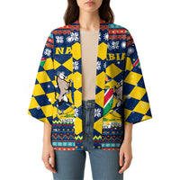 Namibia Christmas Kimono with Blue-Yellow Diamond Pattern, Coat of Arms, and Flag Map Motif - Wonder Print Shop