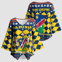 Namibia Christmas Kimono Sleeve Blouse with Blue-Yellow Diamond Pattern, Coat of Arms, and Flag Map Motif - Wonder Print Shop