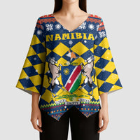 Namibia Christmas Kimono Sleeve Blouse with Blue-Yellow Diamond Pattern, Coat of Arms, and Flag Map Motif - Wonder Print Shop