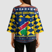 Namibia Christmas Kimono Sleeve Blouse with Blue-Yellow Diamond Pattern, Coat of Arms, and Flag Map Motif - Wonder Print Shop