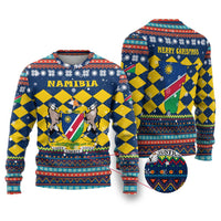 Namibia Christmas Ugly Christmas Sweater with Blue-Yellow Diamond Pattern, Coat of Arms, and Flag Map Motif - Wonder Print Shop