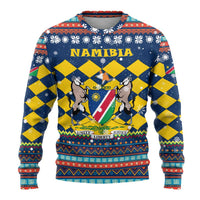 Namibia Christmas Ugly Christmas Sweater with Blue-Yellow Diamond Pattern, Coat of Arms, and Flag Map Motif - Wonder Print Shop