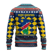 Namibia Christmas Ugly Christmas Sweater with Blue-Yellow Diamond Pattern, Coat of Arms, and Flag Map Motif - Wonder Print Shop