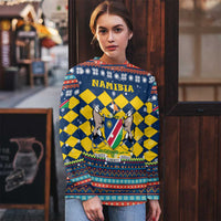 Namibia Christmas Ugly Christmas Sweater with Blue-Yellow Diamond Pattern, Coat of Arms, and Flag Map Motif - Wonder Print Shop