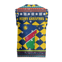 Namibia Christmas Knitted V-Neck Vest with Blue-Yellow Diamond Pattern, Coat of Arms, and Flag Map Motif - Wonder Print Shop