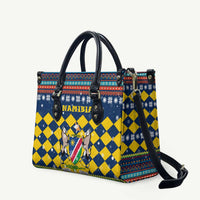 Namibia Christmas Leather Bag with Blue-Yellow Diamond Pattern, Coat of Arms, and Flag Map Motif - Wonder Print Shop